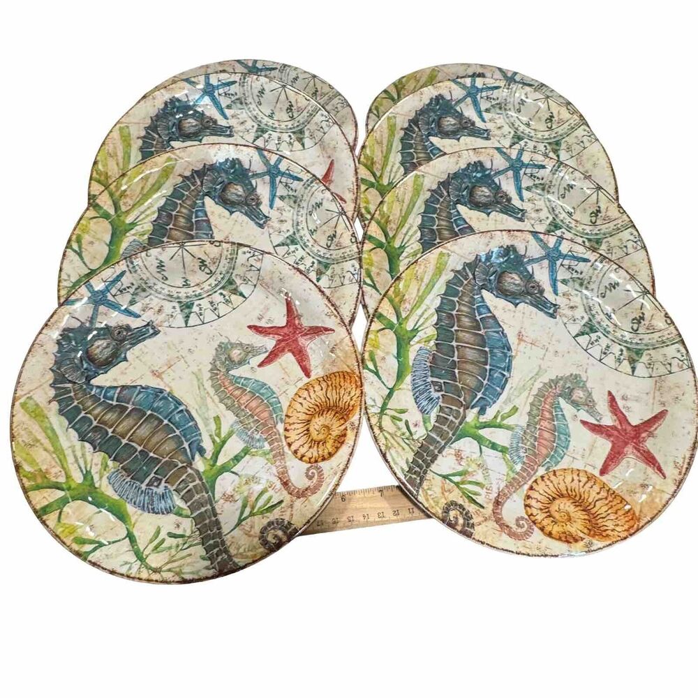 Pier 1 Imports Set of 8 Melamine 9" Lunch Salad Plates - Spikey the Seahorse